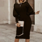 Lantern Sleeve Ribbed Knit High Waist Bodycon Midi Dress