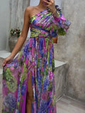 Ida Boutique Long Dress with Side Slit and Purple Print Chic Silhouette Collection