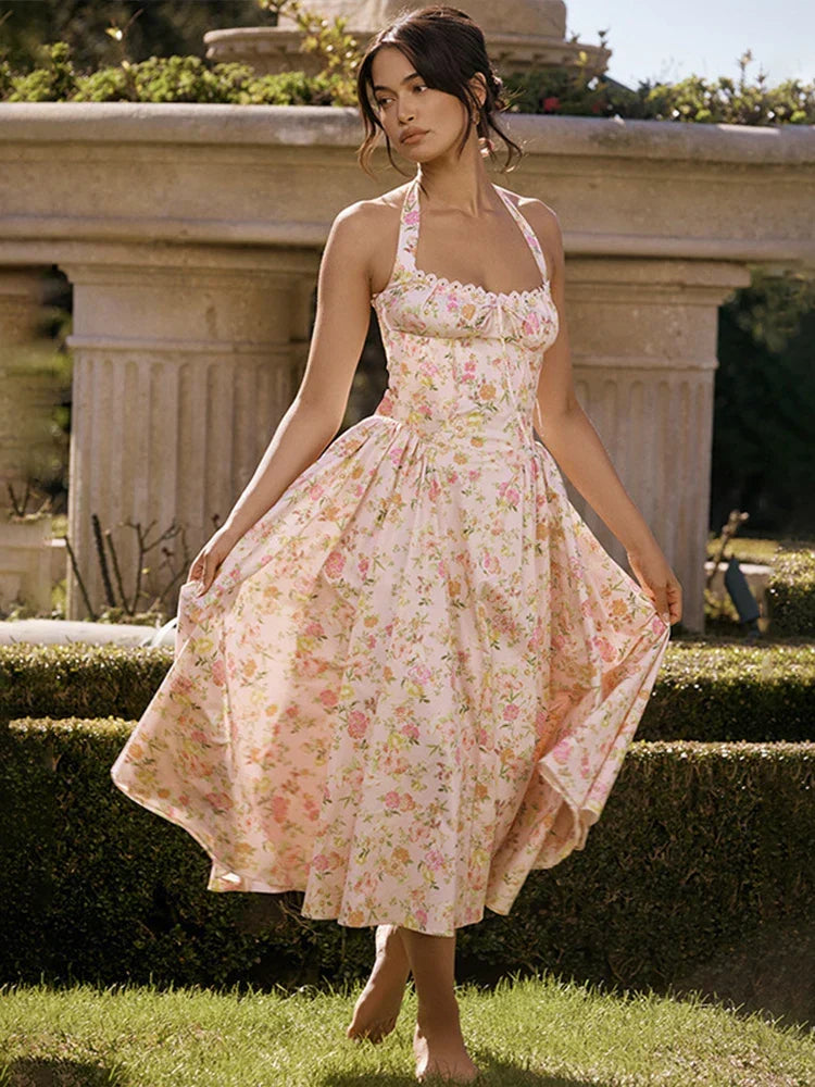 Ditsy Floral Print Halter Neck Corset Bow Trim Fit and Flare Midi Dress