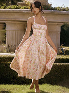 Ditsy Floral Print Halter Neck Corset Bow Trim Fit and Flare Midi Dress