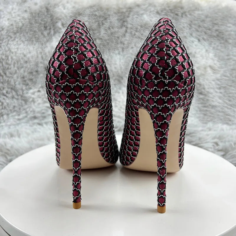 Wine Red Pointy Toe High Heel Shoes with Mesh Pattern for Women