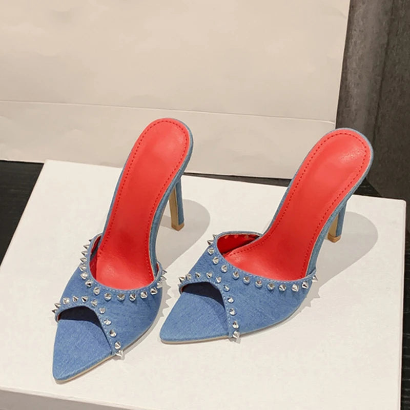 Metal Rivet Designer High Heels Women Slippers for Summer Fashion