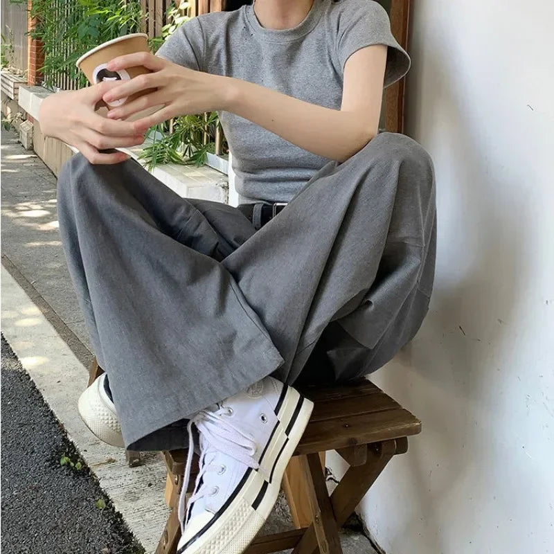Gray Vintage Suit Pants for Women Oversized Elegant Korean Fashion Slack Classic Trousers Office Ladies Palazzo Loose