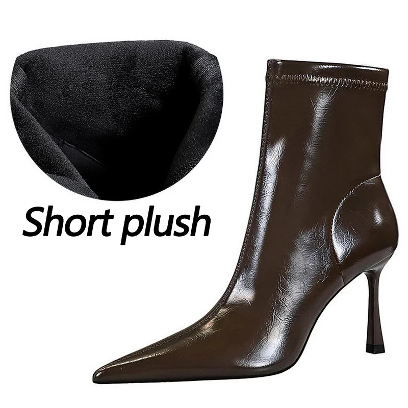 Leather High Heel Boots with Side Zipper and Warm Plush Lining for Winter