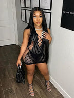 Ribbed Mesh Halter Lace Up Side Cut Out Bodycon Mini Dress