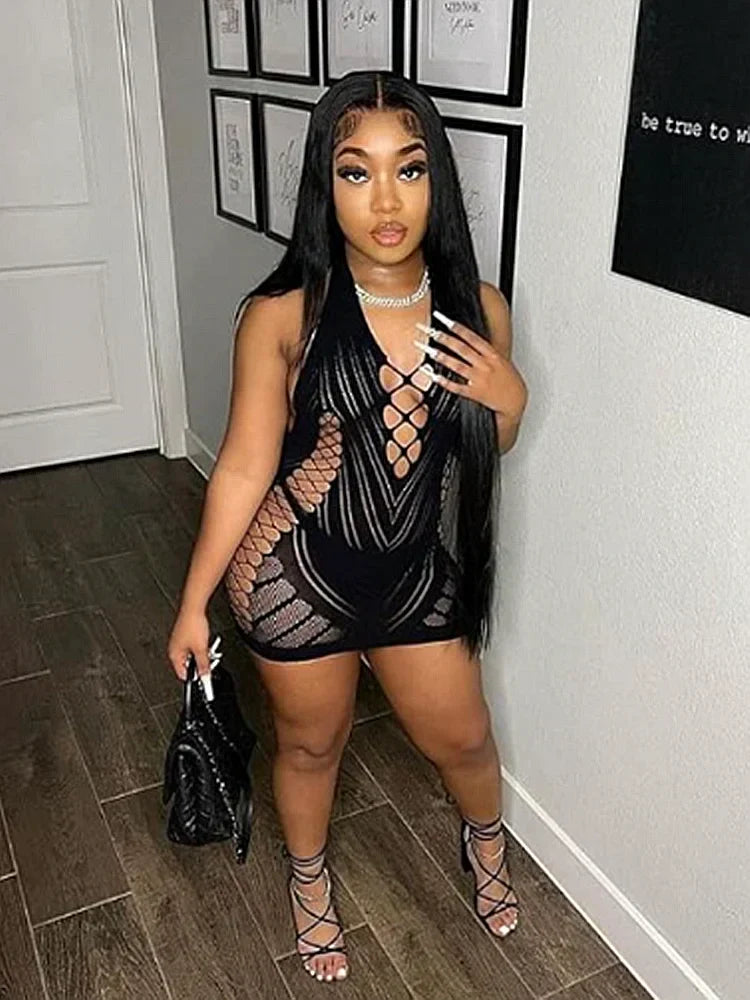 Ribbed Mesh Halter Lace Up Side Cut Out Bodycon Mini Dress