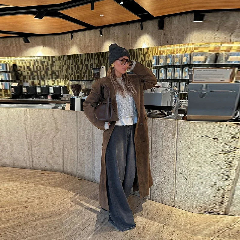 Casual Solid Long Women Streetwear Long Sleeve Turn-down Collar Double Breasted Female Coat 2025 Autumn Fashion Lady Jacket New