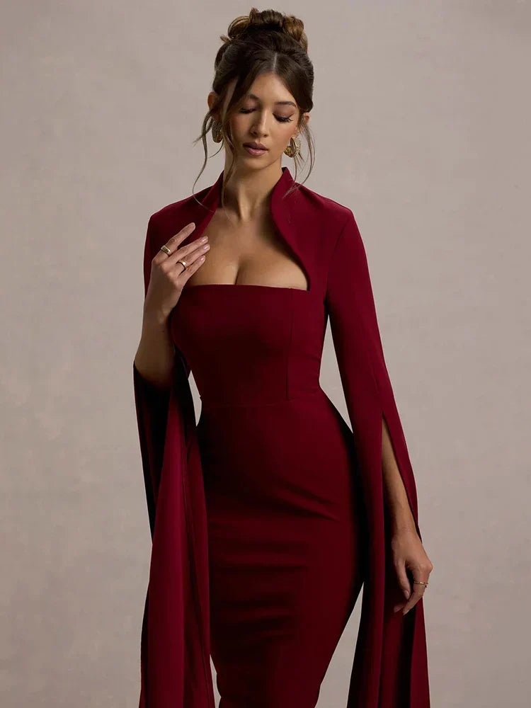 High Neck Cut Out Cape Sleeve Back Slit Bodycon Midi Dress