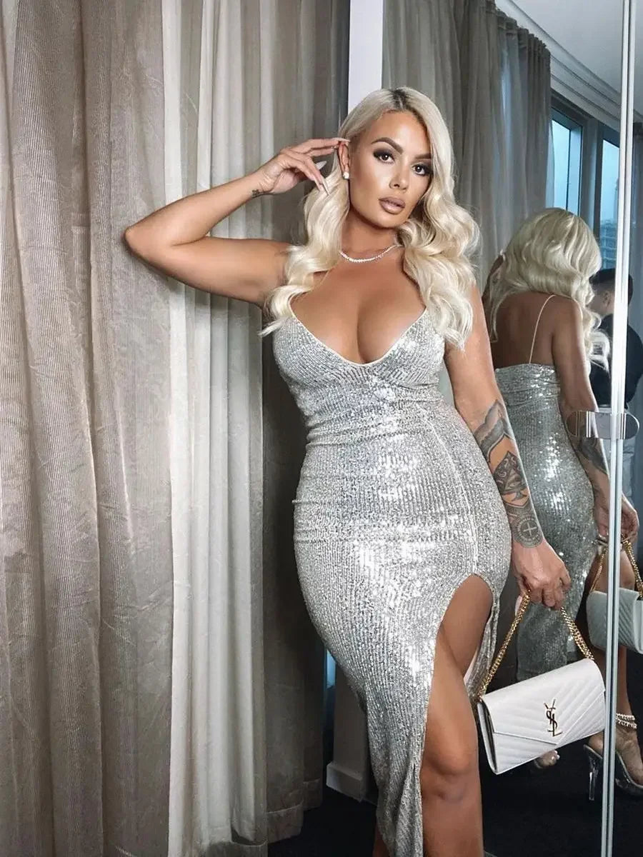 Sequin Plunge V-Neck Spaghetti Strap Side Slit Bodycon Midi Dress