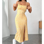 Daisy Print Square Neck Ruched Bust High Slit Midi Dress