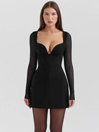 Deep Plunging V-Neck Corset Bodice Sheer Mesh Long Sleeve Mini Dress