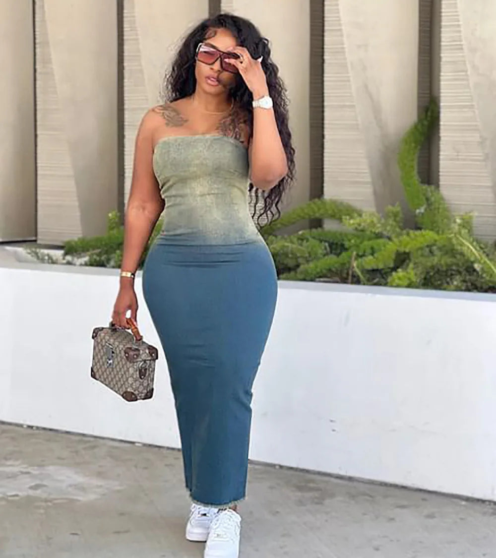 Strapless Gradient Wash Denim Corset Bodice Denim Column Slit Maxi Dress