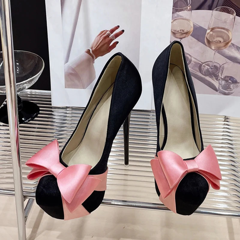 Bowknot Round Toe Platform Pumps for Women Wedding Banquet Shoes