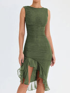 Boat Neck Ruched Mesh Asymmetric Ruffle Hem Bodycon Midi Dress