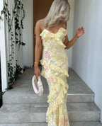 Watercolor Floral Print Ruffle Tier Spaghetti Strap Maxi Dress