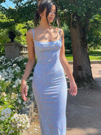 Ditsy Floral Spaghetti Strap Square Neck Backless Bodycon Maxi Dress