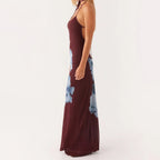 Large Floral Graphic Halter Spaghetti Strap Bodycon Maxi Dress