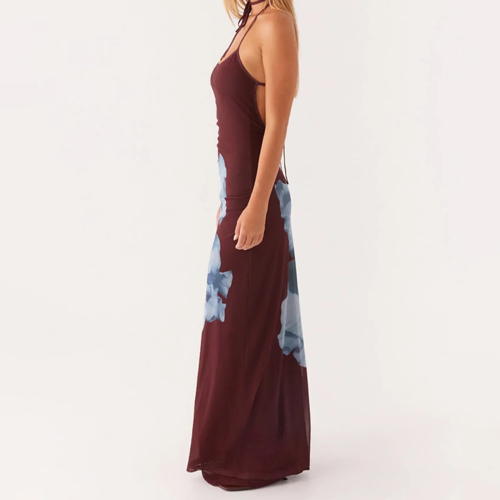 Large Floral Graphic Halter Spaghetti Strap Bodycon Maxi Dress