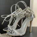 Silver Rhinestone Peep Toe Stiletto Sandals for Women