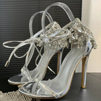 Silver Rhinestone Peep Toe Stiletto Sandals for Women