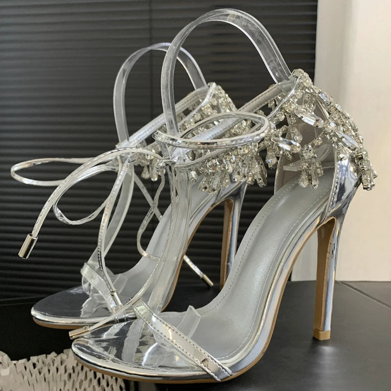 Silver Rhinestone Peep Toe Stiletto Sandals for Women