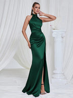 Giovanna Halter Satin Gown Dress with High Slit