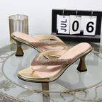 Luxurious Golden Stiletto High Heel Flip Flops with Toe Clip for Summer
