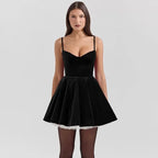 Velvet Corset Bodice Ruffled Lace Collar Long Sleeve Puff Skirt Mini Dress