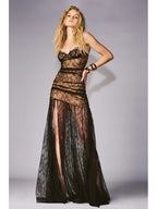 Strapless Lace Corset Tiered Ruffle High Split Maxi Dress