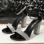 Silver Rhinestone Square High Heels Sandals for Elegant Women