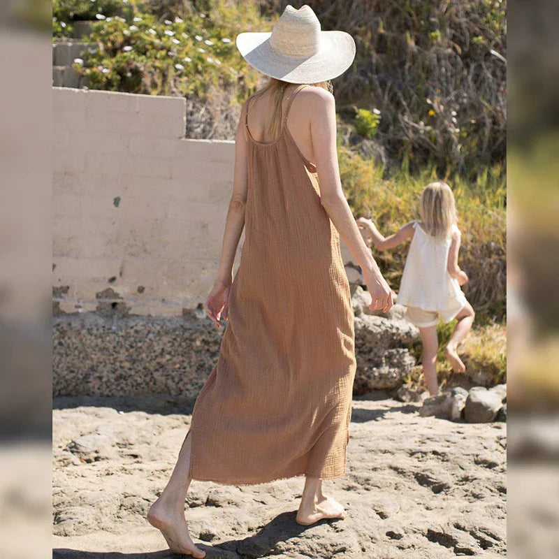 Spaghetti Strap Scoop Neck Gauze Texture Oversized Maxi Dress