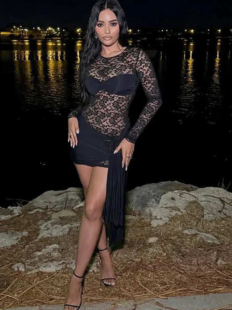 Sheer Floral Lace Long Sleeve Sweetheart Ruched Bust Draped Knot Skirt Mini Dress