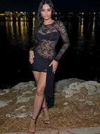 Sheer Floral Lace Long Sleeve Sweetheart Ruched Bust Draped Knot Skirt Mini Dress