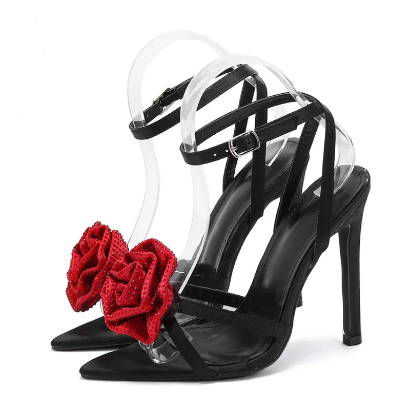 Crystal Flower Ankle Buckle Strap Thin Heels Denim Sandals for Women