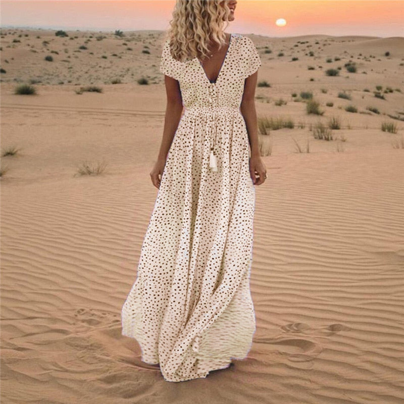 Polka Dot V-Neck Drawstring Tassel Empire Waist Tiered Maxi Dress