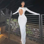 Long Sleeve Teardrop Keyhole Cutout Shimmer Knit Ruched Waist Midi Dress