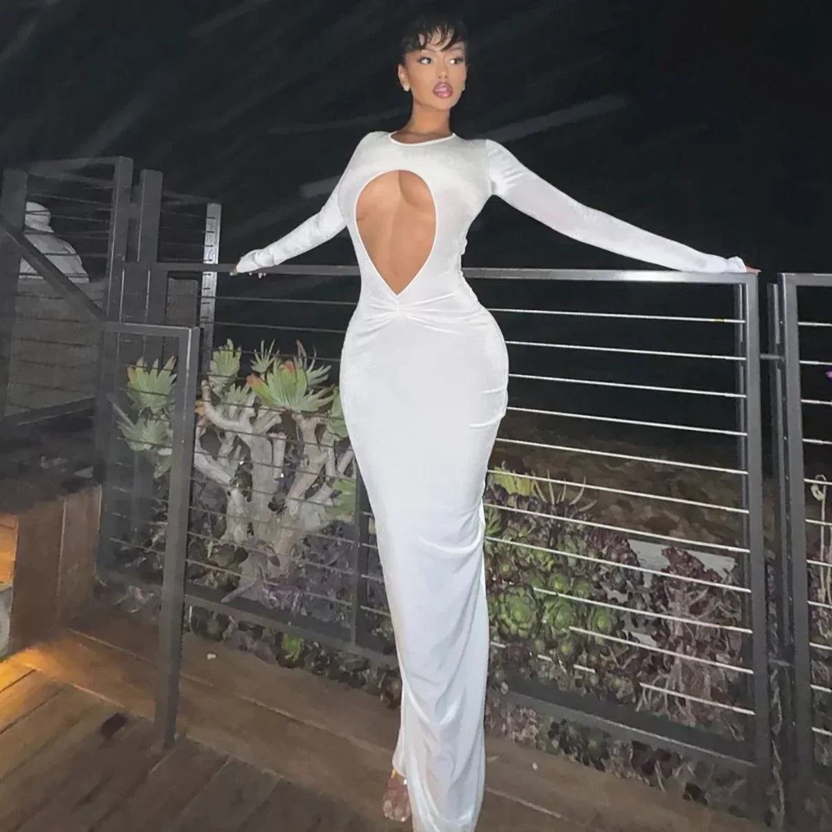 Long Sleeve Teardrop Keyhole Cutout Shimmer Knit Ruched Waist Midi Dress