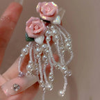 Korean Fashion Pink Flower Pearl Tassel Earrings for Women Luxury Fairy Jewelry