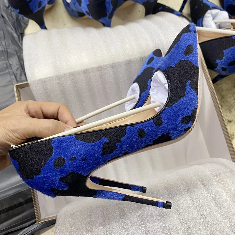 Blue Cow Women Hairy Flock Pointy Toe High Heel Shoes   Cow Women High Heel Shoes