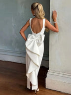 Pearl Trim Neckline Princess Seam Oversized Bow Back Fit and Flare Mini Dress