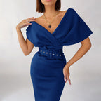 Off Shoulder Draped Cap Sleeve Wrap Belt Grommet Bodycon Midi Dress