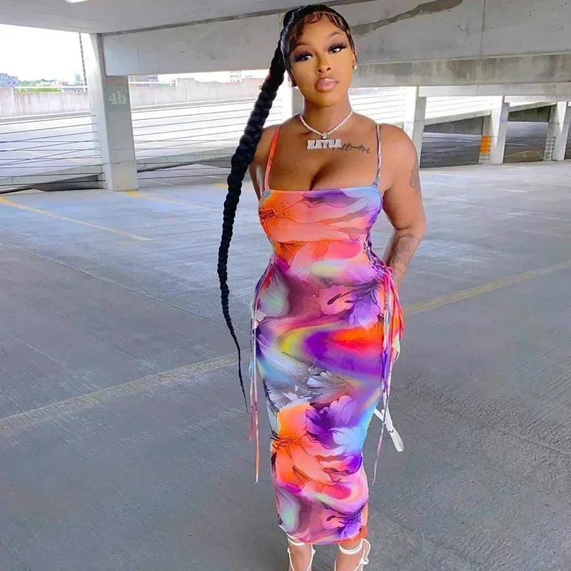 Spaghetti Strap Side Lace Up Abstract Print Bodycon Midi Dress
