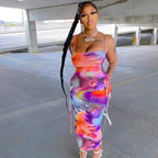 Spaghetti Strap Side Lace Up Abstract Print Bodycon Midi Dress