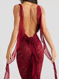 Lace Backless 3D Rosette Ruffle Streamer Midi Dress