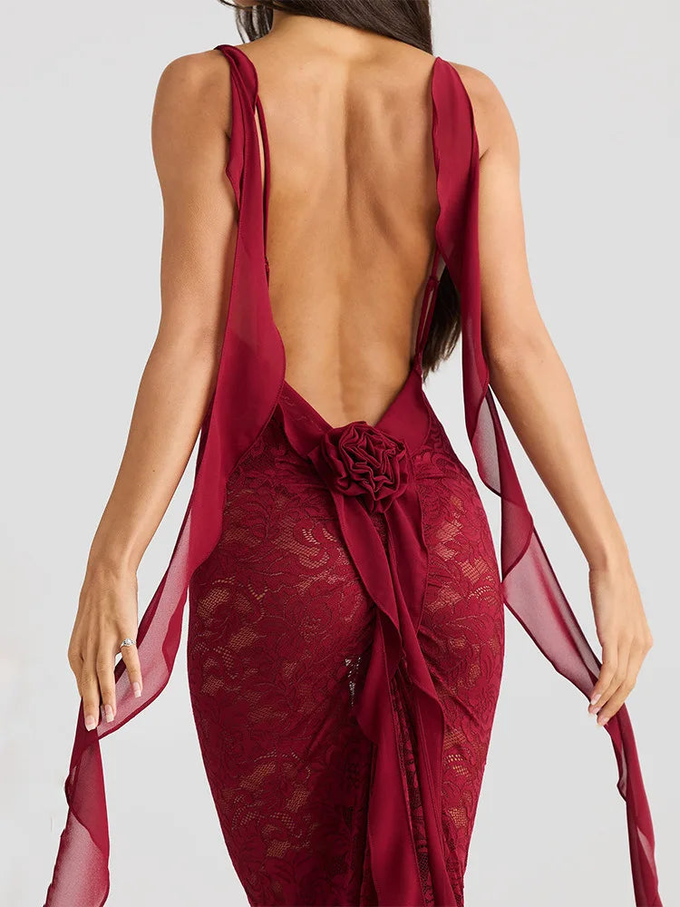 Lace Backless 3D Rosette Ruffle Streamer Midi Dress