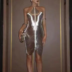 Metallic Tassel Fringe Halter Neck Bodycon Midi Mini Dress
