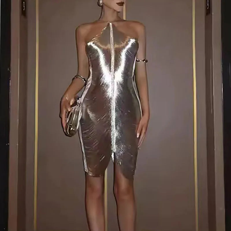 Metallic Tassel Fringe Halter Neck Bodycon Midi Mini Dress
