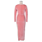 Square Neck Ruched Waist High Slit Long Sleeve Maxi Dress