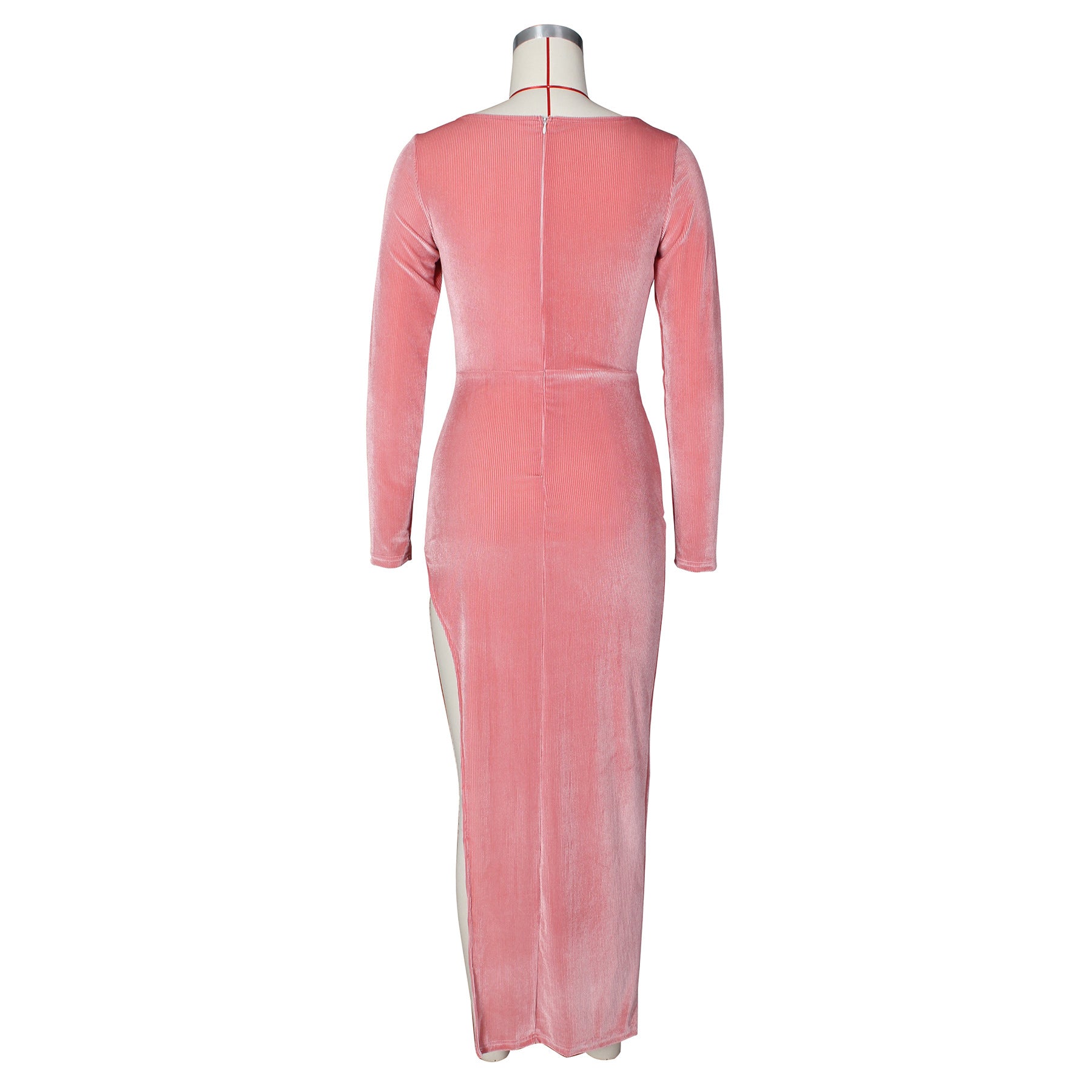 Square Neck Ruched Waist High Slit Long Sleeve Maxi Dress