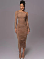 Asymmetric Off Shoulder Ruched Panel Bodycon Midi Dress